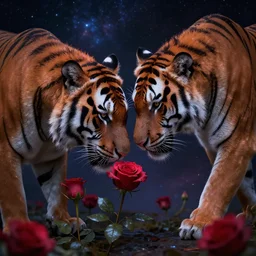 unreal, cosmic shimmer, tiger in mind sniffing roses, surreal, mysterious, hyperfine, unreal engine 5 highly rendered, global illumination, by sergey kolesov, eytan zana, pablo carpio.