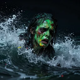 the pain is splattered on the sad monster's green face on a very dark night with black sky while huge waves crash against him, water sprays into the air, hints of red and yellow, fantasy, unreal engine