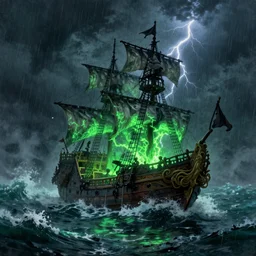 a ghost pirate ship on tumultuous sea. big waves. sea mist. nighttime. nightmare. rain. lightning. neon green plasma glow. oil painting by james gurney, trending on artstation unreal engine 3 d shading shadow depth, detailed matte painting, sinister by greg rutkowski