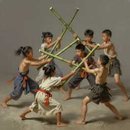 half dozen kids playing fight with bamboo sticks. caotic fight intricate, elegant, highly detailed, digital painting, artstation, concept art, sharp focus, illustration, by justin gerard and artgerm, 8 k