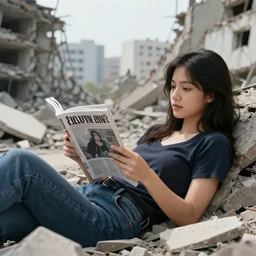 a photo of pretty woman relaxing amidst a collapsed city reading an issue of the silver zine, 3 5 mm