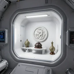 angular liminal spacestation interior head - height view angle with feng shui decor