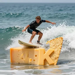 a realistic picture of a man surfing on a nacho, in an ocean made out of cheddar cheese, 4 k, detailed, realsitic photography,