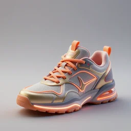 realistic 8 k sculpture of a cyberpunk sneaker with neon illuminated rubber soles and soft orange shoelaces, sitting on a textured grey surface, clean 3 d render, beautiful studio lighting, soft, sharp focus, cyberpunk, intricate detail, gold and red accents, soft rubber, octane render, trending on artstation, deviantart, art by hiroshi fujiwara