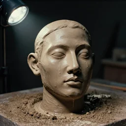 portrait of face wet clay filing drop, ice - carving, editorial photography, film grain, isometric, f / 2 2, low contrast, kodachrome, 3 - dimensional, 4 k, hsv, quaternary, 6 spotlight, nixie tube, matte, dirt, mud, clay