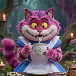 Cheshire Cat drinking tea with Alice in wonderland,death tarot card,highly detailed,half skull face,cinematic,8k,by Stanley Artgermm,Tom Bagshaw,Greg Rutkowski,Carne Griffiths, Ayami Kojima, Beksinski, Giger,trending on DeviantArt,hyper detailed,horror, full of colour