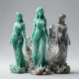 a striking! render of ethereal beings made of emerald, agate, and smoky gray quartz