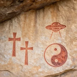 4 k photography of petroglyphs representing crosses, ufo, yin yang symbol on a cave
