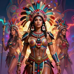 beautiful fearless aztec warrior, highly detailed portrait concept art, josan gonzalez, greg rutkowski, zdizslaw beksinski, hannah yata, psychedelic, threyda, majestic masterpiece, vibrant backlit, movie poster character, intricate, biomechanical, smooth, trending on pixiv
