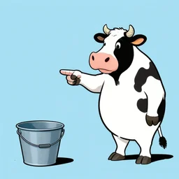 a cow points at a bucket, illustrated by gary larson