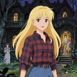 portrait of a woman exploring a haunted house, long blonde hair, plaid shirt and jeans, kyoto animation still, finely illustrated face, intricately detailed features, digital painting, makoto shinkai, 1 9 8 0's disney character, painted by ilya kuvshinov and katsura masakazu and alphonse mucha and satoshi kon