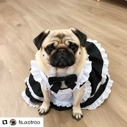 instagram photo of a cute pug wearing a black maid dress, canon eos r 3, f / 1. 4, iso 2 0 0, 1 / 1 6 0 s, 8 k, wide angle