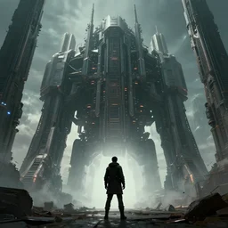 A sole figure alone in the shot, massive megastructure in front of them, cypherpunk, cinematic, wide angle shot, digital art, artstation