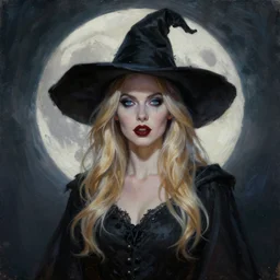 portrait of beautiful blonde woman as a Dark evil witch, big moon in the background, oil painting by Dalle