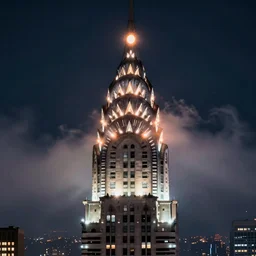 glowing orange eye of sauron from lord of the rings on top of the chrysler building in new york city, cinematic lighting, night photo, octane render, artstation, vivid color, fog volumes 8 k