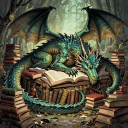 A huge dragon sleeping on a hoard of books, by Randy Vargas