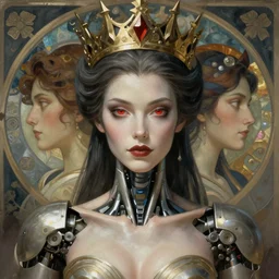 concept art by artgerm, super attractive i robot demon queen with crown and red eyes, soft natural light, intricate, elegant, highly detailed torso portrait, digital painting, artstation, concept art, smooth, sharp focus, illustration, art by by gaston bussiere and greg rutkowski and alphonse mucha and uang guangjian and gil elvgren, symmetry!
