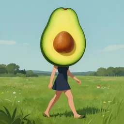avocado as head, emma watson walking in a field, surreal, flat light, painting, digital painting, artstation, goblincore