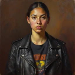 detailed portrait in strong femininity, ethnic, realistic face sculpted features, statuesque model, modern fashion, leather biker jacket with graphic t - shirt, warm glow, supple, bathed in light, chiaroscuro, specular highlights, angular impressionism, radiosity, deep rich tones, contemporary art, oil on canvas