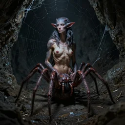 female half human half spider drider sitting on a spider web in a dark cave, ultra detailed, high fantasy, monster, human torso, spider lower half, creature design, dnd, dndbeyond, realistic, concept art, octane render, 8 k, moody lighting, muted colors, blue tone light, dramatic lighting, john singer sargent, matte painting