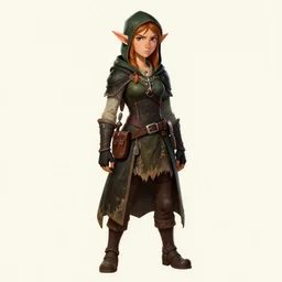 drawing. color. fantasy character. halfling. female. rogue. weathered. cynical.