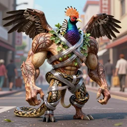 a photo portrait of a high poly render of a complex merged single creature in a busy street, muscles normal cow arms map creature made of doglike class aves skin veins merged anaconda, bump map strangled by plastic wrap bower bird creature wrinkles pheasant, ivy complex feathers exotic morphing hoopoe, zebra morphing wings king vulture head