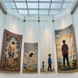 four tapestries with a progression of a human's life, with giant walls and glass ceilings showing the stars and hanging silk drapery and tapestries, light dust, magnificent, close up, details, sharp focus, elegant, highly detailed, illustration, by Jordan Grimmer and greg rutkowski and PiNe(パイネ) and 薯子Imoko and 香川悠作 and wlop and maya takamura, intricate, beautiful, Trending artstation, pixiv, digital Art