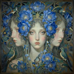 breathtaking detailed concept art painting art deco pattern of faces goddesses of light - blue flowers with anxious piercing eyes and blend of flowers and birds, by hsiao - ron cheng and john james audubon, bizarre compositions, exquisite detail, extremely moody lighting, 8 k