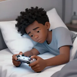 lanky black stoner with bad haircut, sulking in bed playing a video game because he's a moron husband, drawn by matt groening