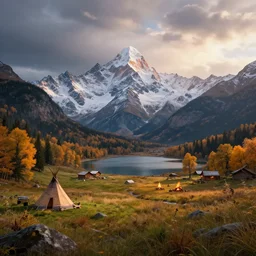 beautiful render of a fall landscape, unreal engine, first light, majestic snowy mountains, lake, lush grass, dramatic clouds, teepee, village, campfire, soft light, by greg rutkowski, cgsociety - n 5
