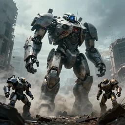 vfx film upward angle, wide angle, futuristic giant powerful sci - fi war mech walking out, emerging from smoke and debris in war zone, crumbling buildings, titanfall irl, mechwarrior, hawken, battletech, pacific rim, flat color profile low - key lighting award winning photography arri alexa cinematography, hyper real photorealistic cinematic, atmospheric cool colorgrade