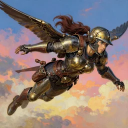 a dieselpunk valkyrie taking flight into a vibrant sky, ilya kuvshinov face, highly detailed, cel shading, digital painting, photoshop, in the style of hayao miyazaki and alphonse mucha