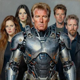 portrait of charlton heston wearing cybernetic power armor. intricate painting by ross tran, magali villeneuve, and jeremy mann.