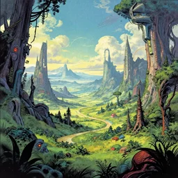 beautiful landscape of fantasy scifi with surrealism and comic book artstyle by cosimo galluzzi