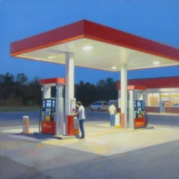 busy gas station, blue sky, summer evening, a painting by kenton nelson