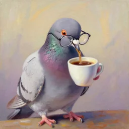 a pigeon wearing glasses and drinking a cup of coffee, oil painting, pastel colors