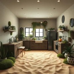 kitchen room, made of moss and plants, octane render, trending on artstation, rough sand wall, floor made of hard desert sand floor