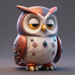 cuddly colourful caricature - 3 d vfx art - of tired owl robot, art style by zdzisaw beksinski, tadanori yoko & hsiao - ron cheng, character concept art, unreal engine render, digital illustration, sharp, intricate detail, volumetric light, ray tracing, soft light,
