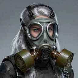 girl silver hair, multicam, gas mask, realistic illustration by Krenz Cushart, cinematic