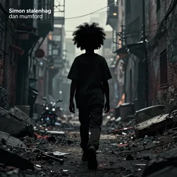 a dynamic long shot portrait of the silhouette of a black boy with an afro walking through a post apocalyptic alley, by simon stalenhag and dan mumford, dark and ominous, digital illustration, behance, rendered in unreal engine 5, rim lighting, volumetrics, ray tracing, 8 k, hd