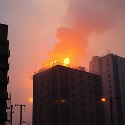 building burning down aesthetic, golden hour, bad weather, ultrahd, ultra sharp, hyper detailed, 8 k, shot on 3 5 mm film camera, smooth sharp forcus, realism, tumblr aesthetic,