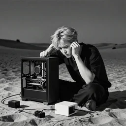 jimin attempting to build a PC in the middle of the desert with no power supply. Frustrated confused black and white photo