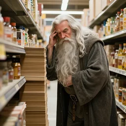 Gandalf stacking shelves at a supermarket, depressing