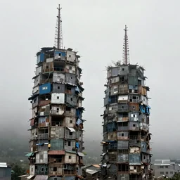 two towers, made up of makeshift squatter shacks, misty, dystopia, mamiya rb 6 7, fully frontal view, very detailed, photographed by ansel adams