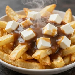french fries pile, steaming, brown gravy, white cubic cheese curds between french fries, food photography