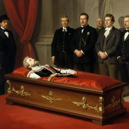 the king's funeral, the king dead in the coffin, highly detailed painting by gaston bussiere, craig mullins, j. c. leyendecker