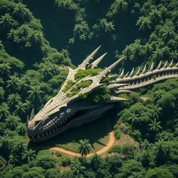 a photo of a gigantic dragon skull overgrown by nature lying in a valley surrounded by a lush jungle, bird eye view shot, sunny, extremely high detail, 8 k, volumetric lightning, unreal engine, photorealism, hyperrealism