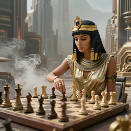 apocalyptic future city, cleopatra playing chess. smoke. volumetric lighting, sharp focus, ultra detailed, cgsociety - w 1 0 2 4 - n 8 - i