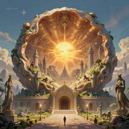 a majestic photograph hiperrealistc of the entrance kingdom of agharta, land of advanced races, giant, hollow earth infographic, illustrations, a big shell with a sun in the interior, dynamic lighting, fantastically beautiful, aesthetically inspired by monia merlo, trending on artstation, art by odd nerdrum, 8 k, upscale