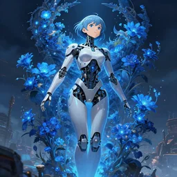 detailed, sharp, dreaming humanoid female automata in exoskeleton surrounded by glowing blue flowers and flora floating above a dystopia by Ilya Kuvshinov and Anna Dittmann and studio ghibli and WLOP and Rossdraws, digital art, surreal, trending on artstation, anime arts, featured on Pixiv, blue lighting, HD, 8K, highly detailed, good lighting, beautiful, epic, masterpiece